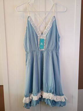 Cupshe Light Blue V-Neck Lace-Trim Sundress